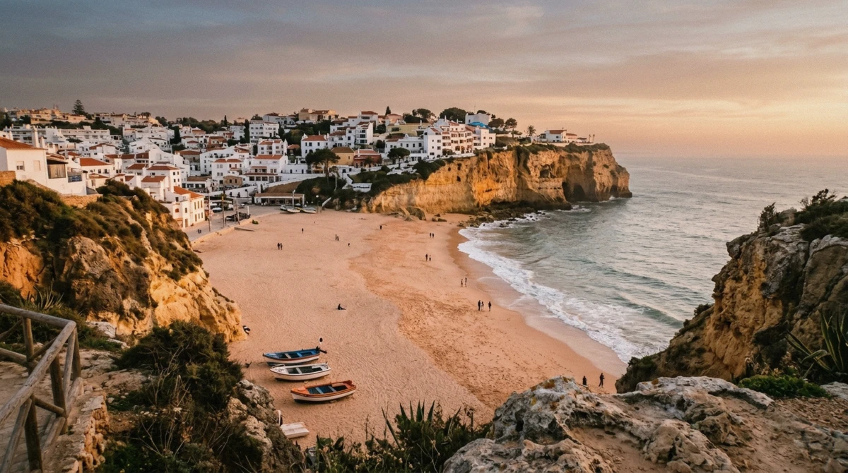 Fishing boats drawn up on Praia dos Pescadores below the cliffs at sunset, the view from the Pau da Bandeira viewpoint and one of the free things to do in Albufeira, Algarve